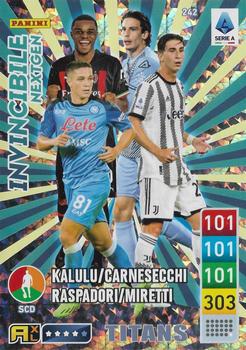 2023 Panini Adrenalyn XL Calciatori Titans #242 Pierre Kalulu / Marco Carnesecchi / Giacomo Raspadori / Fabio Miretti Front