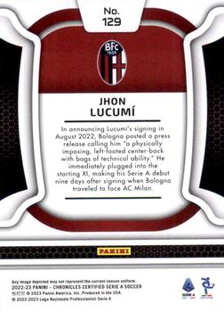 2022-23 Panini Chronicles - Certified Serie A #129 Jhon Lucumi Back