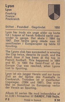 1970 Dandy Gum Football Clubs Colours Serie X #94 Lyon Back