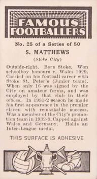 1936 Godfrey Phillips Famous Footballers #25 Stanley Matthews Back