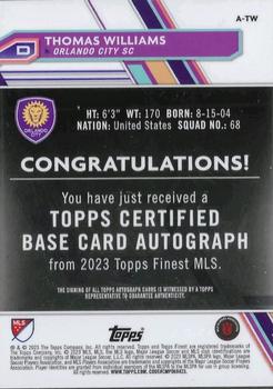 2023 Finest MLS - Base Autographs Neon Green Refractor #A-TW Thomas Williams Back
