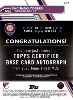 2023 Finest MLS - Base Autographs Aqua Refractor #A-FT Facundo Torres Back
