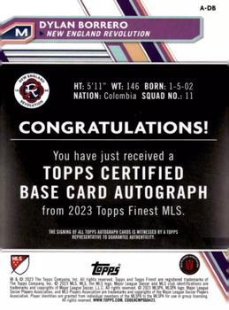 2023 Finest MLS - Base Autographs Orange Refractor #A-DB Dylan Borrero Back