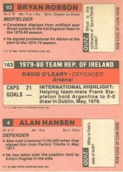 1980-81 Topps Footballer (Pink Back) #4 / 163 / 93 Alan Hansen / David O'Leary / Bryan Robson Back