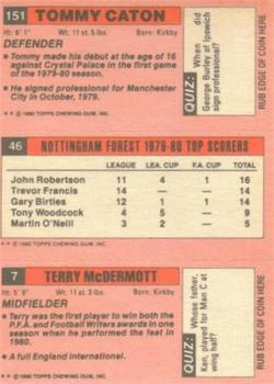 1980-81 Topps Footballer (Pink Back) #7 / 46 / 151 Terry McDermott / John Robertson / Tommy Caton Back