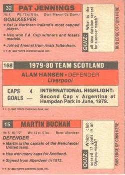 1980-81 Topps Footballer (Pink Back) #15 / 168 / 32 Martin Buchan / Alan Hansen / Pat Jennings Back