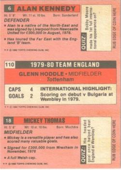 1980-81 Topps Footballer (Pink Back) #18 / 110 / 6 Mickey Thomas / Glenn Hoddle / Alan Kennedy Back