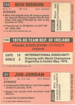 1980-81 Topps Footballer (Pink Back) #21 / 159 / 153 Joe Jordan / Frank Stapleton / Mick Robinson Back
