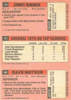 1980-81 Topps Footballer (Pink Back) #86 / 45 / 78 Dave Watson / Alan Sunderland / Jimmy Rimmer Back