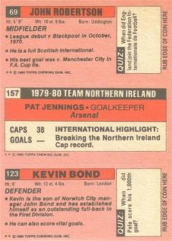 1980-81 Topps Footballer (Pink Back) #123 / 157 / 69 Kevin Bond / Pat Jennings / John Robertson Back