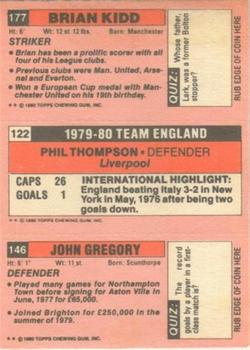 1980-81 Topps Footballer (Pink Back) #146 / 122 / 177 John Gregory / Phil Thompson / Brian Kidd Back