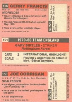 1980-81 Topps Footballer (Pink Back) #150 / 121 / 126 Joe Corrigan / Gary Birtles / Gerry Francis Back