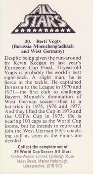 1978 Golden Wonder World Cup All Stars #20 Berti Vogts Back