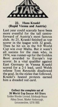 1978 Golden Wonder World Cup All Stars #22 Hans Krankl Back