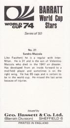 1974 Barratt World Cup Stars #21 Sandro Mazzola Back
