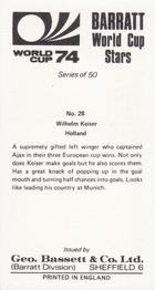 1974 Barratt World Cup Stars #28 Piet Keizer Back