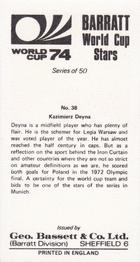 1974 Barratt World Cup Stars #38 Kaz Deyna Back