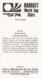1974 Barratt World Cup Stars #39 Alistair Hunter Back