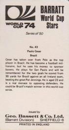 1974 Barratt World Cup Stars #43 Paulo Cézar Back