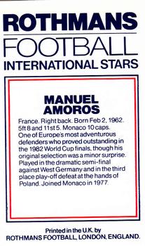 1984 Rothmans Football International Stars #NNO Manuel Amoros Back