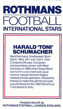 1984 Rothmans Football International Stars #NNO Harald Schumacher Back
