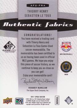 2011 SP Game Used - Authentic Fabrics Dual #AF2-FRA Thierry Henry / Sebastien Le Toux Back