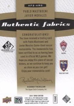 2011 SP Game Used - Authentic Fabrics Dual Premium Series #AF2-ARG Pablo Mastroeni / Javier Morales Back