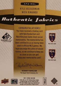 2011 SP Game Used - Authentic Fabrics Dual Premium Series #AF2-RSL Kyle Beckerman / Nick Rimando Back