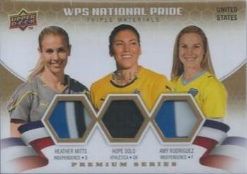 2010 Upper Deck MLS - WPS National Pride Triple Materials Premium Series #NPW-MSR Hope Solo / Heather Mitts / Amy Rodriguez Front