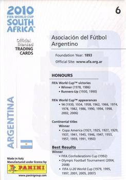 2010 Panini FIFA World Cup South Africa #6 Argentina Back