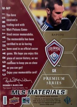 2012 Upper Deck MLS - MLS Materials Premium Series #M-MP Matt Pickens Back