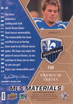 2012 Upper Deck MLS - MLS Materials Premium Series #M-JB Justin Braun Back
