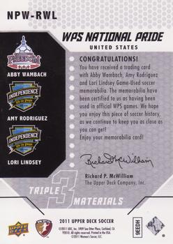2011 Upper Deck MLS - WPS National Pride Triple Materials #NPW-RWL Abby Wambach / Lori Lindsey / Amy Rodriguez Back