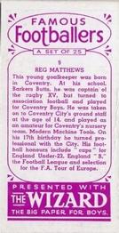 1955 D.C. Thomson / The Wizard Famous Footballers Coloured Mauve back #9 Reg Matthews Back