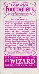 1955 D.C. Thomson / The Wizard Famous Footballers Coloured Mauve back #24 Gil Merrick Back
