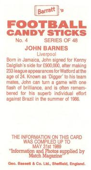 1989-90 Barratt Football Candy Sticks #4 John Barnes Back