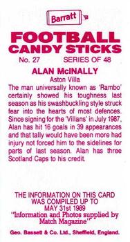 1989-90 Barratt Football Candy Sticks #27 Alan McInally Back