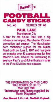 1989-90 Barratt Football Candy Sticks #40 Paul Lake Back