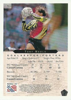 1994 Upper Deck World Cup Heroes and All-Stars #1 Tony Meola Back