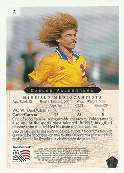 1994 Upper Deck World Cup Heroes and All-Stars #7 Carlos Valderrama Back