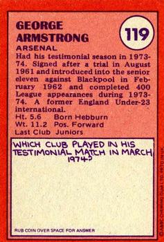1974-75 A&BC Chewing Gum #119 George Armstrong Back