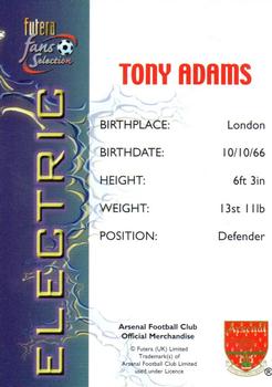 2000 Futera Fans Selection Arsenal - Electric #NNO Tony Adams Back