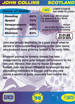 1998 Pro Match - World Class Embossed #WC29 John Collins Back