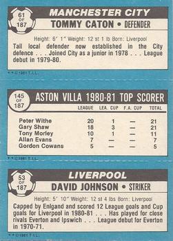 1981-82 Topps English League #61 / 145 / 53 Tommy Caton / Peter Withe / David Johnson Back