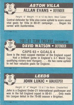 1981-82 Topps Footballer #21 /169 / 29 Allan Evans / David Watson / John Lukic Back