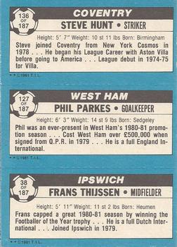 1981-82 Topps Footballer #136 / 127 / 38 Steve Hunt / Phil Parkes / Frans Thijssen Back