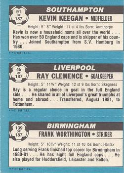 1981-82 Topps Footballer #91 / 45 / 139 Kevin Keegan / Ray Clemence / Frank Worthington Back