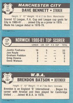 1981-82 Topps Footballer #57 / 156 / 111 Dave Bennett / Justin Fashanu / Brendon Batson Back