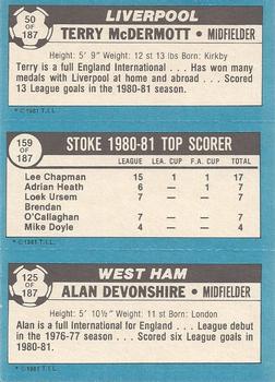 1981-82 Topps Footballer #50 / 159 / 125 Terry McDermott / Lee Chapman / Alan Devonshire Back