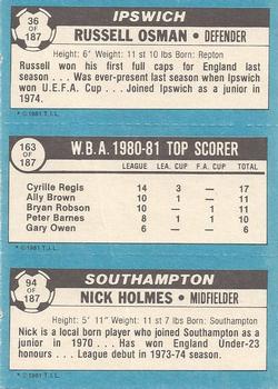 1981-82 Topps Footballer #36 / 163 / 94 Russell Osman / Cyrille Regis / Nick Holmes Back